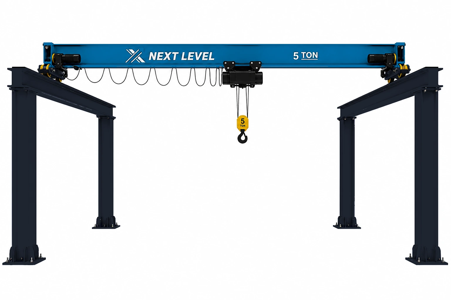 Freestanding top-running color visualization: RAL 5017 bridge; RAL 5004 columns and runways. Screen colors are approximate. The illustrated 5-ton system is a reference, not the quoted rating or final engineering.